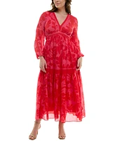 Taylor Plus Floral-Print Blouson-Sleeve Maxi Dress