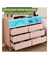 gaomon 6 Drawer Double Dresser Tv Stand, Bedroom Dresser With Power Outlet & Led Light, Wood Dresser For Room, Hallway, 47.2''W15.8''D36.2''H (