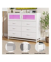 gaomon Dresser For Bedroom With Led Lights And Charging Station, 6 Drawer Double Dresser With 2 Shelves, Wide Modern Wooden Chest Of Drawers For Bedro