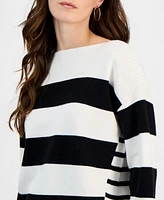 T Tahari Women's Mixed-Stripe Boat-Neck Long-Sleeve Sweater