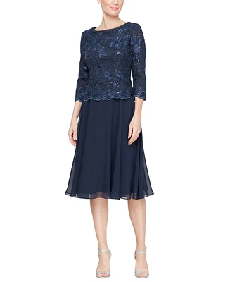 Alex Evenings Women's Embroidered 3/4-Sleeve Tulle-Skirt Tea Dress