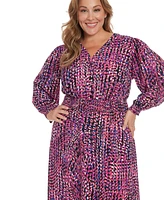 London Times Plus Printed Smocked-Waist Dress