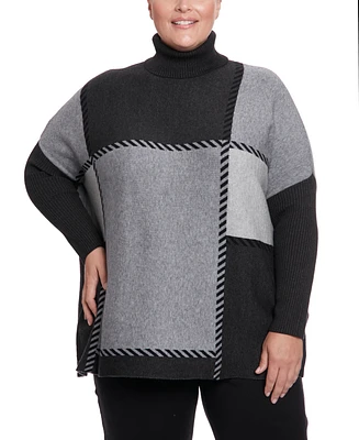 Joesph A Plus Size Stitched Colorblock Turtleneck Poncho Sweater