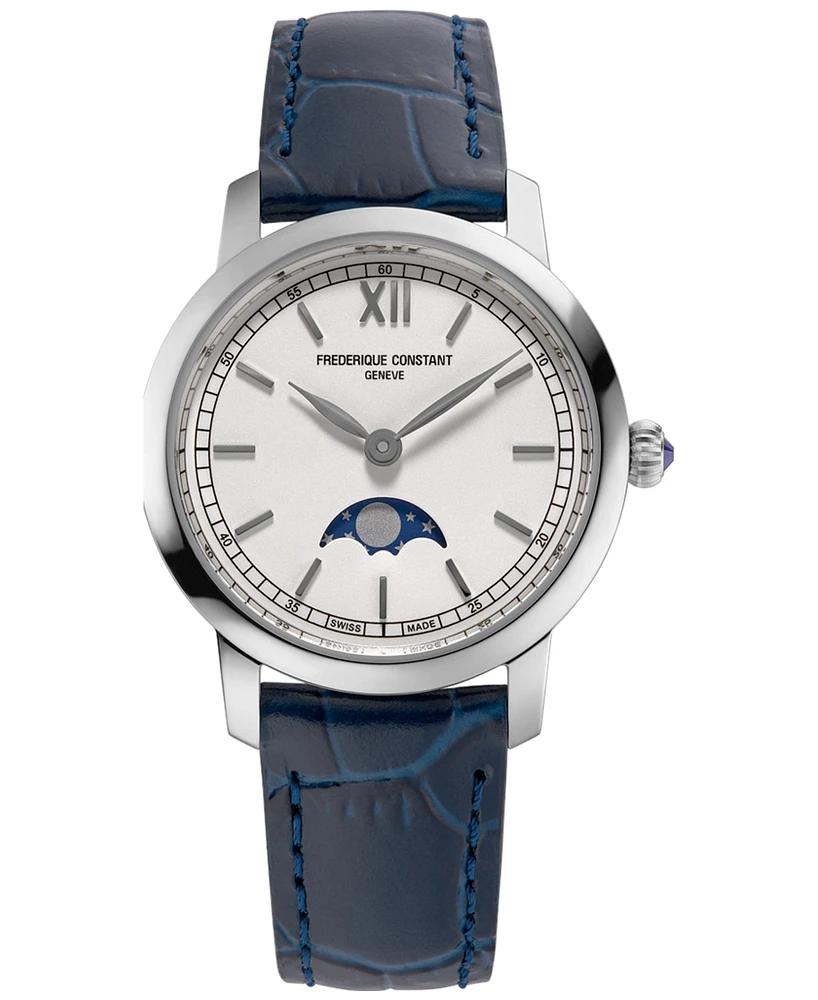 Frederique Constant Women's Swiss Slimline Moonphase Blue Leather Strap Watch 30mm