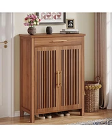 Tribesigns Shoe Cabinet, 5-Tier Storage Cabinet with Louvered Doors and Drawer, Freestanding Wooden Rack Organizer Adjustable Shelves f