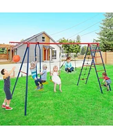 550 Lbs 6-in-1 Patio Kids Swing Set – Climbing Net, Ladder & Basketball Hoop