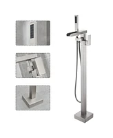 Flynama Single-Handle Free Standing Waterfall Tub Filler Bathroom Tub Faucet with Handheld Shower in Brushed Nickel