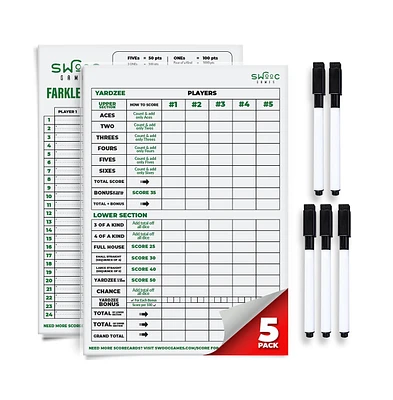 Swooc 5 Big Dry Erase Yardzee & Farkle Score Cards with 5 Markers (11.5in x 8in) | Large Laminated Reusable Score Pads & Pens