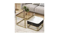 Slickblue Set of 2 Nesting Coffee Tables with Drawer, Brown Glass Top & High Gloss Marble for Living Room