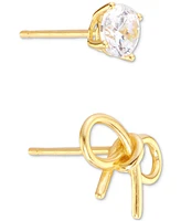 Macy's 2-Pc. Set Bow & Crystal Stud Earrings in 14k Gold Over Sterling Silver
