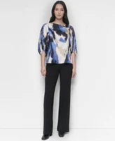 Dkny Women's Printed Asymmetric 3/4-Balloon-Sleeve Top