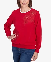 Alfred Dunner Women's Classic Sherpa Floral Embroidered Sweater