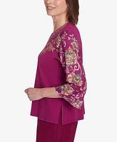 Alfred Dunner Women's Wine Country Embroidered Floral Sleeve Split Neck Top