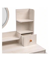 gaomon Stylish Bedroom Vanity Table With Cushioned Stool, Touch Control Led Mirror, 5 Drawers, Multiple Open Shelves