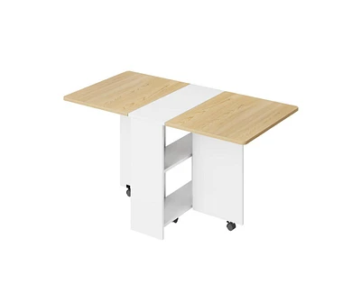 gaomon Space Saving Folding Dining Table with 2 Tier Storage-Extendable Drop Leaf Farmhouse Wood Kitchen Dining Room Tables Set for 4 (Dark Walnut, 50