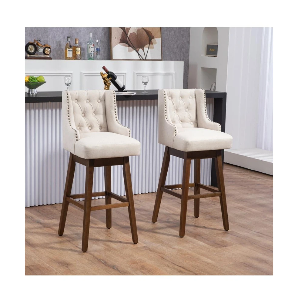 Maison Boucle Set of 2 360-Degree Swivel Bar Stools, Solid Wood Chairs, Linen Counter Height Stools for Kitchen-Maison