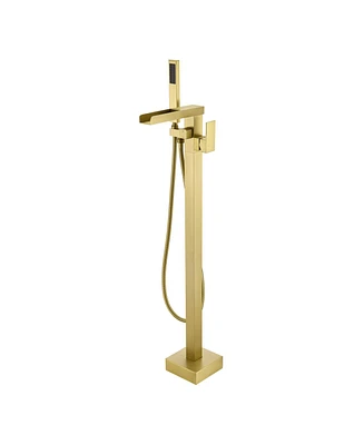 Flynama Single Handle Free Standing Waterfall Tub Filler Bathroom Tub Faucet with Handheld Shower in Brushed Gold