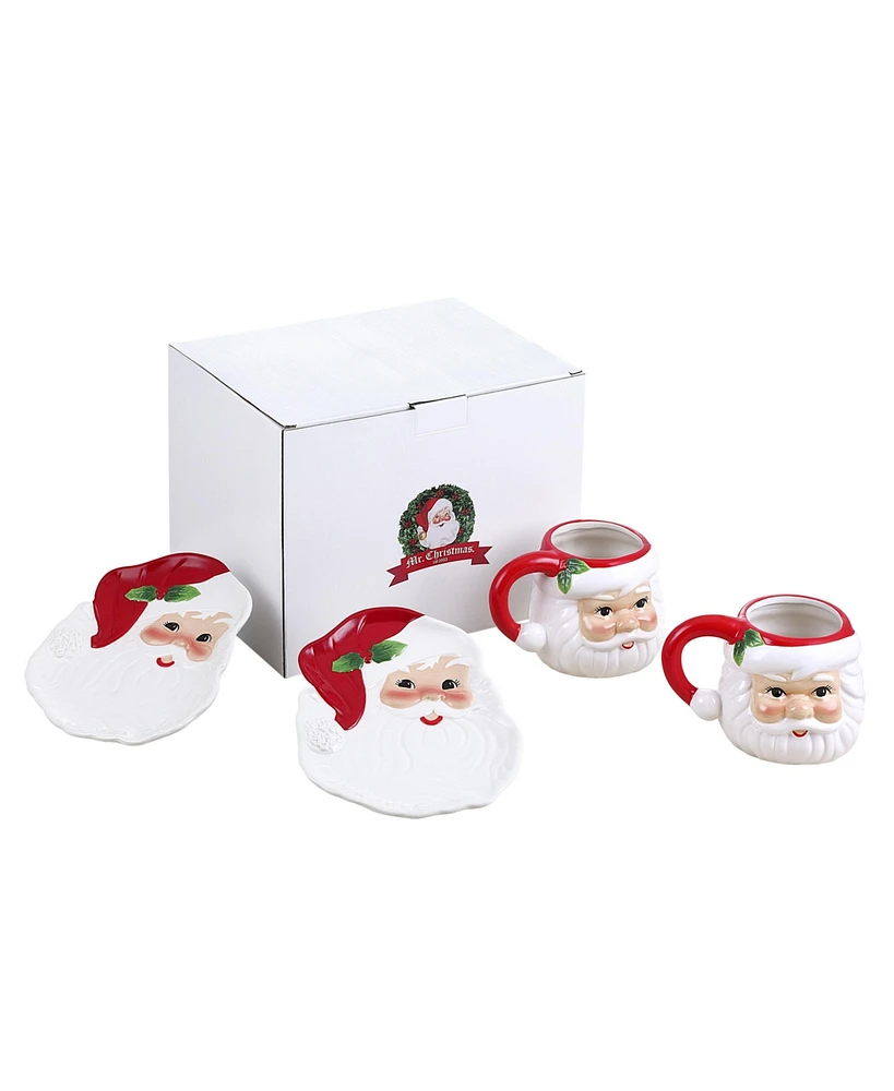 Mr. Christmas Santa Mugs and Santa Plates, Set of 4