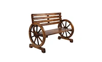 Slickblue Rustic 2-Person Wooden Wagon Wheel Bench – Slatted Seat and Backrest, Brown Finish