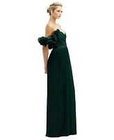 Womens Dramatic Ruffle Edge Convertible Strap Metallic Pleated Maxi Dress