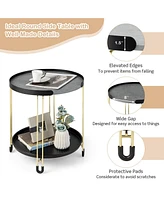 Gymax 2PCS 2-Tier Side End Table Round Nightstand Gold Frame for Living Room Bedroom