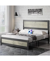 gaomon King Bed Frame with Headboard, Industrial Platform Charging Station