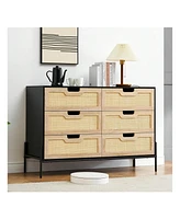 gaomon 6 Drawers Dresser For Bedroom, Natural Rattan Drawer With Spacious Storage, Wood Chest Of Drawers With Metal Legs For Bedroom, Living Room, Hal