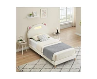 gaomon Led Twin Bed Frame with Beige Upholstered Adjustable Headboard, Velvet Platform, Wooden Slat Support, Noise