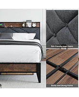 gaomon Full Bed Frame, Storage Headboard with Charging Station, Solid Metal Frame, Noise Free, No Box Spring Needed