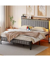 gaomon Bed Frame with Charging Station, Led Bed Frame with Storage Headboard