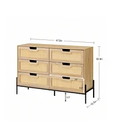 gaomon 6 Drawers Dresser For Bedroom, Natural Rattan Drawer With Spacious Storage, Wood Chest Of Drawers With Metal Legs For Bedroom, Living Room, Hal