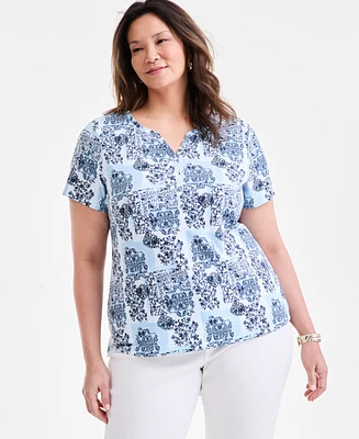 Style & Co Plus Printed Short-Sleeve Henley Tee, Exclusively at Macy's