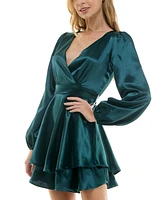 Crystal Doll Juniors' Blouson-Sleeve Satin A-Line Dress