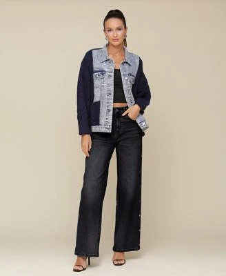 Avec Les Filles Womens Mixed Media Denim Sweater Jacket Studded Barrel Leg Jeans