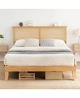 gaomon Full Size Bed Frame with Natural Rattan Headboard & Integrated Led Lights