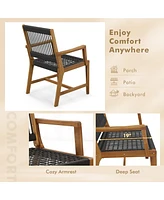 Gymax Patio 4PCS Acacia Wood Dining Chairs All-Weather Rope Woven Armchairs Outdoor