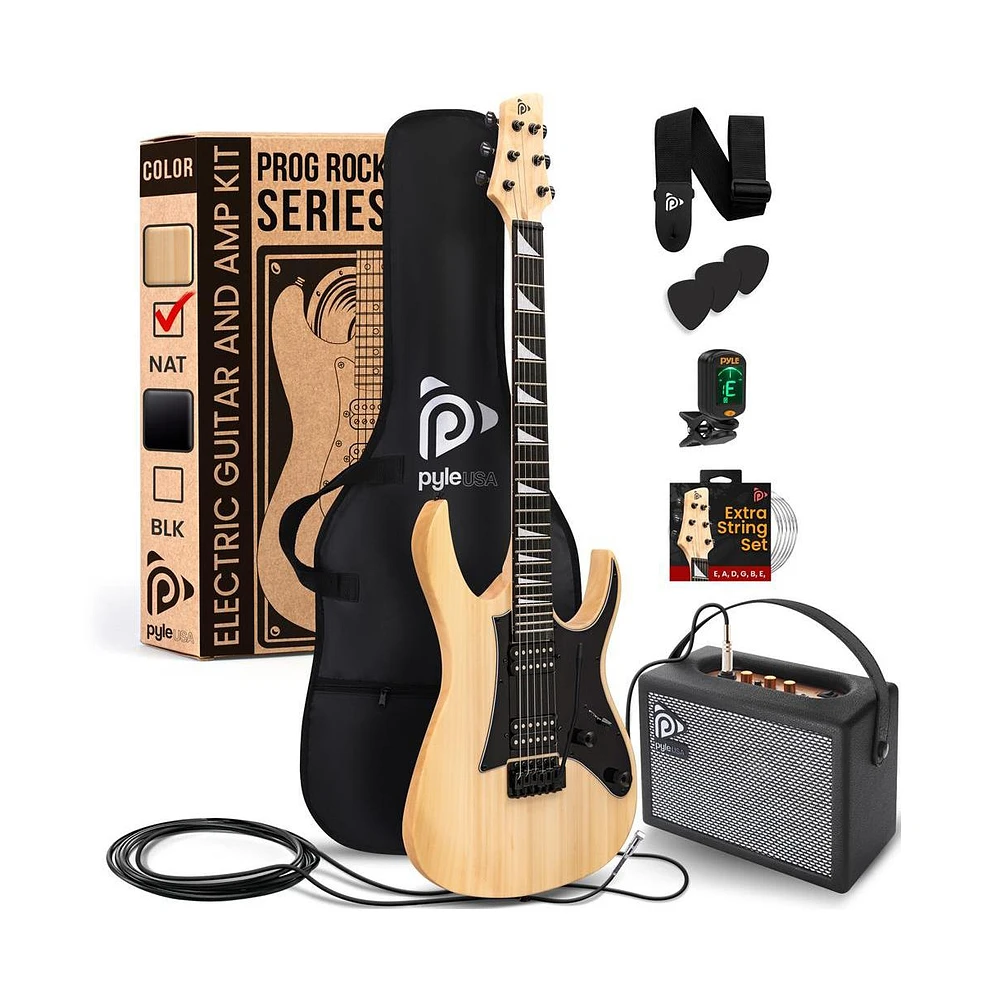 Pyle 38.7" Full Size Electric Guitar Kit - Includes Amplifier, Travel Bag, and Accessories, Natural Finish (PEGKT781N)