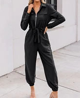 Cupshe Women's Black Collared Front Zipper Tapered Leg Jumpsuit