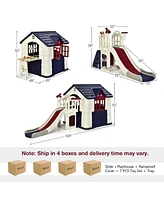Gymax Outdoor Play house and Slide Set for Kids w/ 7 Pcs Toy Set & Waterproof Cover