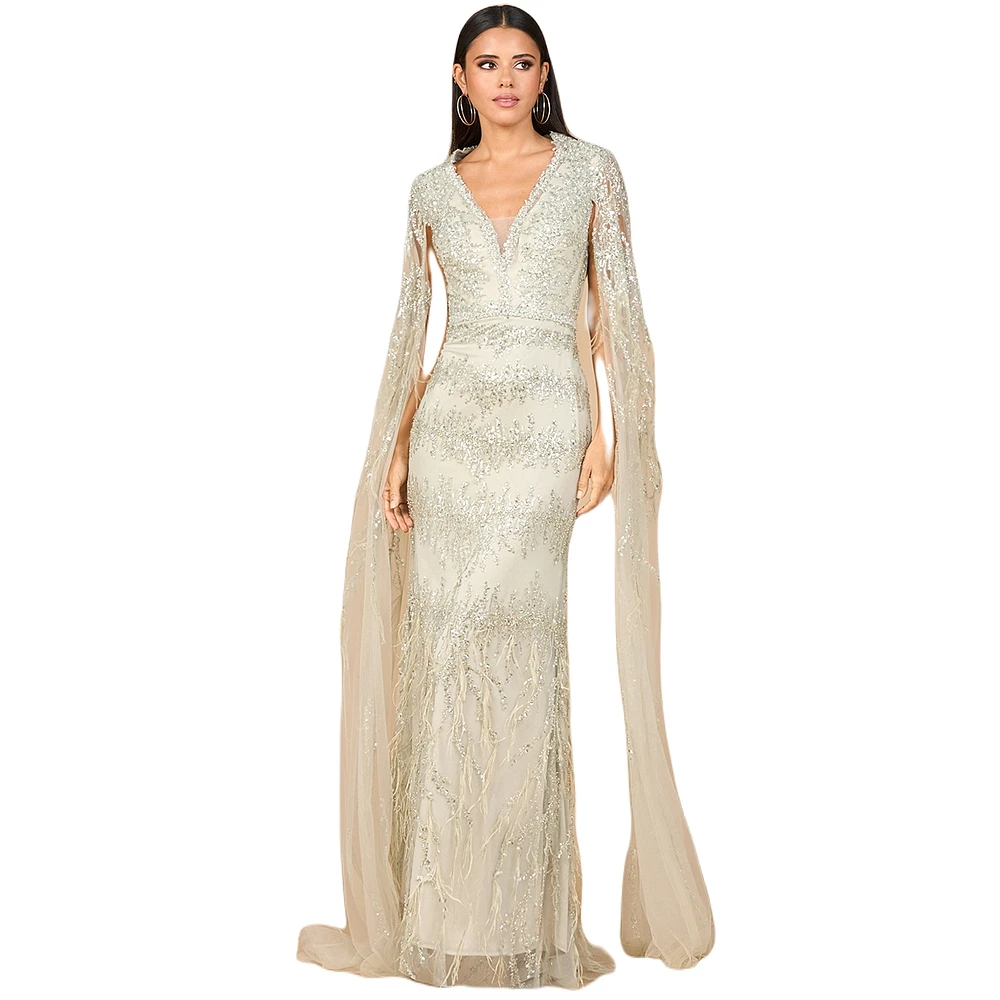 Lara Women's V - Neck Gown with Long Cape Sleeves and Feathers