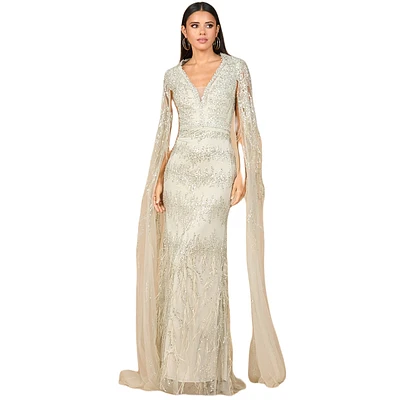 Lara Women's V - Neck Gown with Long Cape Sleeves and Feathers