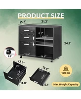 Devaise 3-Drawer Wood File Cabinet Mobile Lateral Filing Cabinet Printer Stand with Open Storage Shelves for Home Office