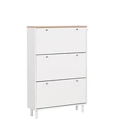 Slickblue Narrow Shoe Cabinet with 3 Flip Drawers & Wood Grain Top - Free Standing White Entryway Organizer with Hooks & Adjustable Panel