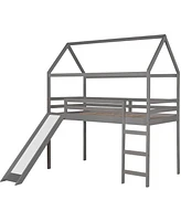Slickblue Twin Loft Bed with Slide - Fun House Bed Design for Kids' Bedrooms, Perfect for Playtime and Sleepovers