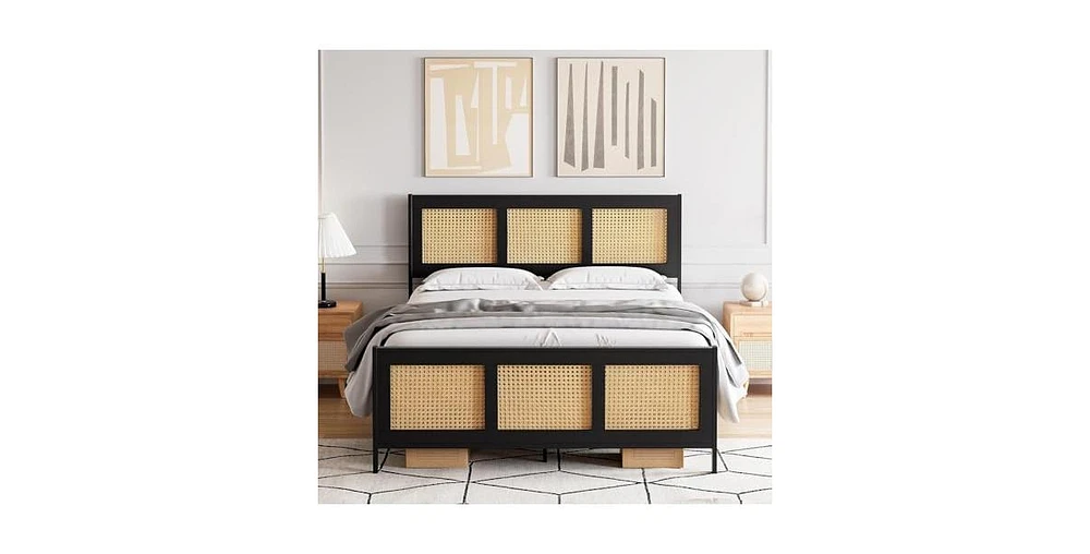 gaomon Queen Size Bed Frame, Metal Bed Frame with Rattan Headboard and Footboard, Rattan Platform Bed Frame