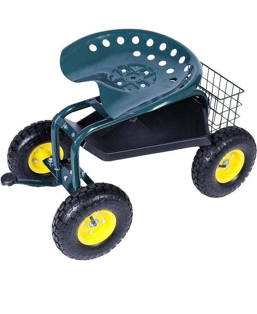 Slickblue Garden Cart Wagon Scooter Rolling Yard Work Seat with Tool Tray and 360 Swivel Seat