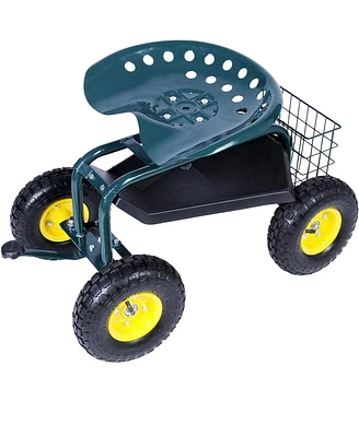 Slickblue Garden Cart Wagon Scooter Rolling Yard Work Seat with Tool Tray and 360 Swivel Seat