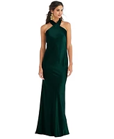 Draped Twist Halter Tie-Back Trumpet Gown