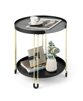 Gymax 2-Tier Side End Table Round Nightstand Gold Frame for Living Room Bedroom