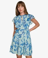 Tommy Hilfiger Petite Printed Flutter-Sleeve Chiffon Dress